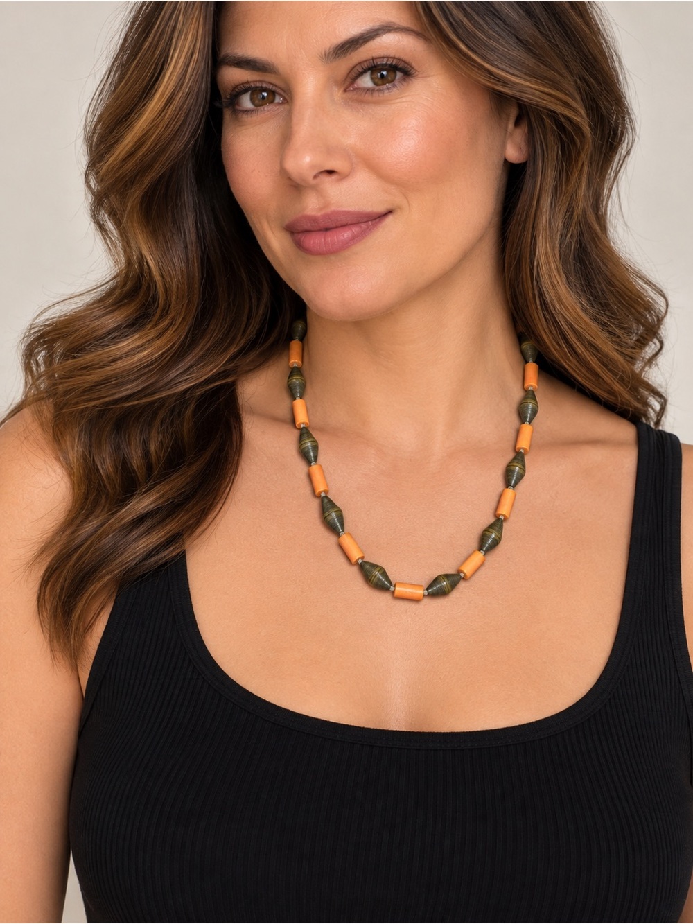 Italian Vintage Handmade Boho Necklace Olive Spindle Orange Beads 22″